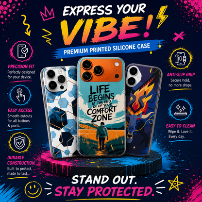 Printed silicone phone case collection showing anti-slip grip, precise cutouts, secure fit and durable protection features for Apple iPhone.