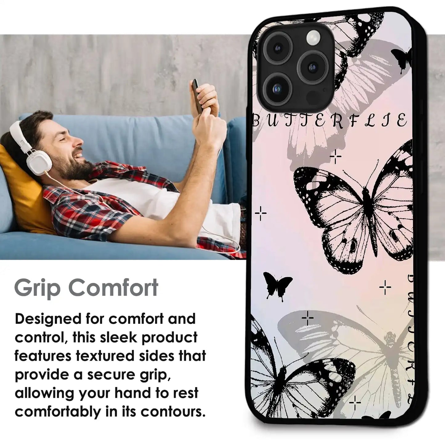 Monochrome Butterfly Art - Glossy Metal Silicone Case For Apple iPhone Infographic