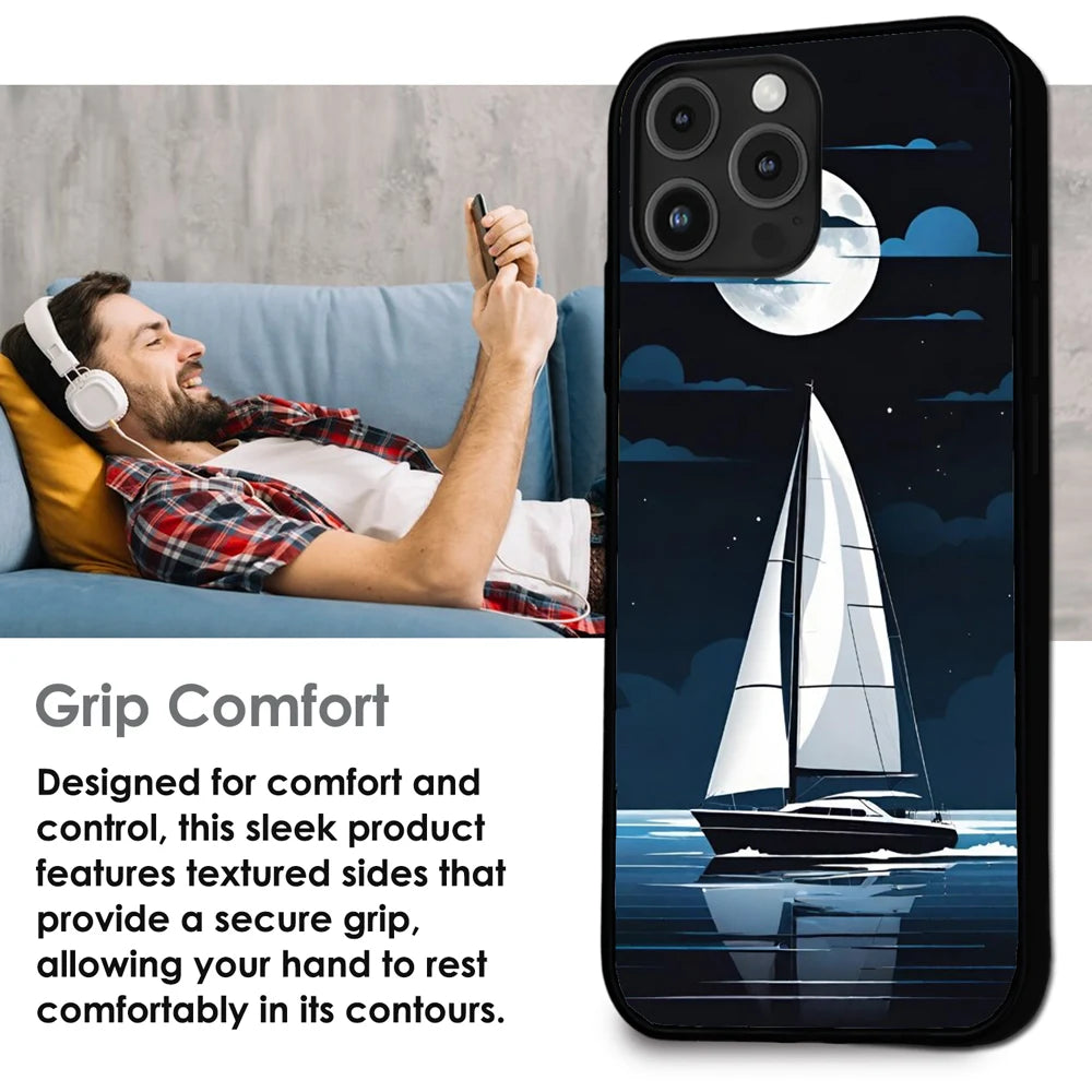 Moonlight Sailboat - Glossy Metal Silicone Case For Apple iPhone Infographic