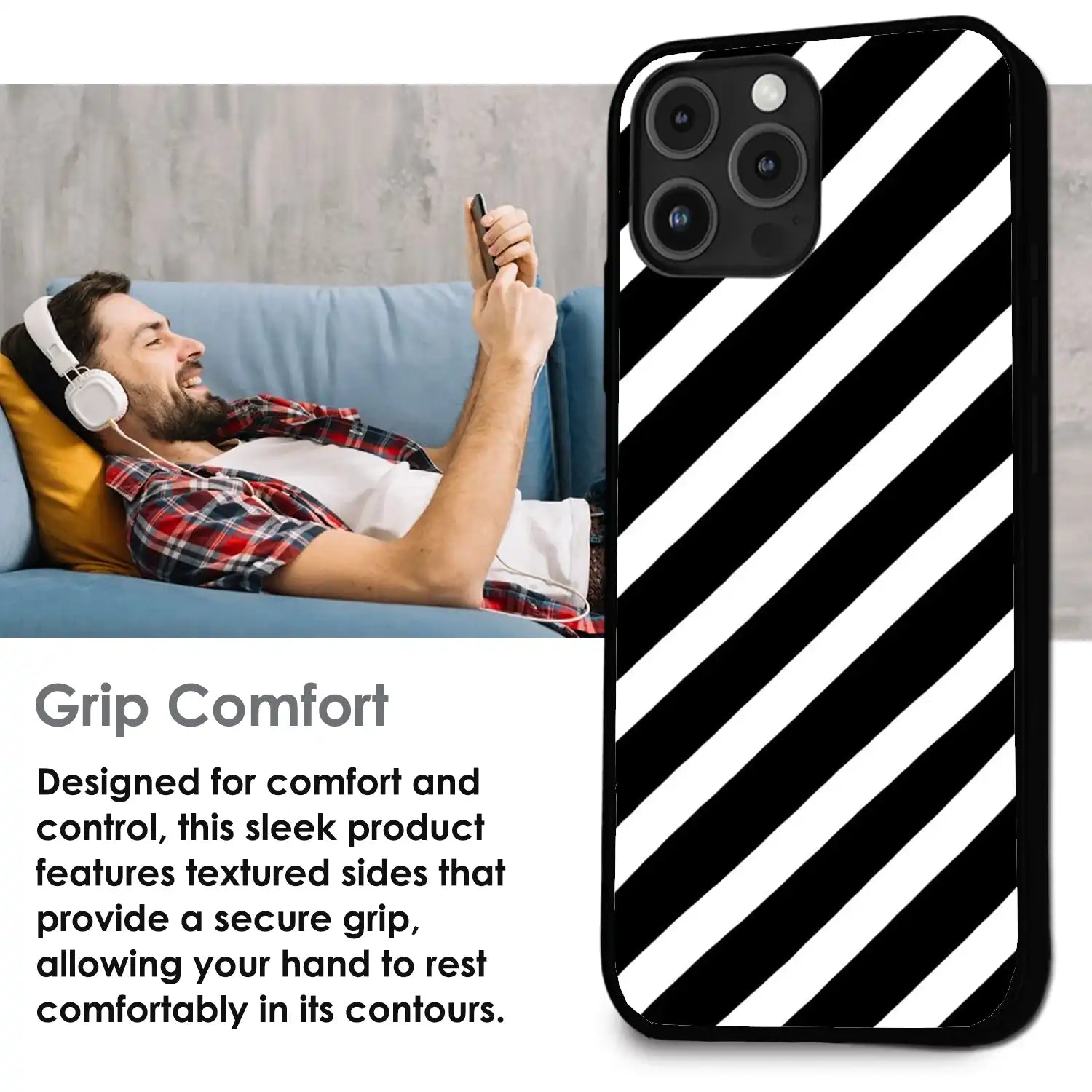 Monochrome Diagonal Stripe - Glossy Metal Silicone Case For Apple iPhone Infographic