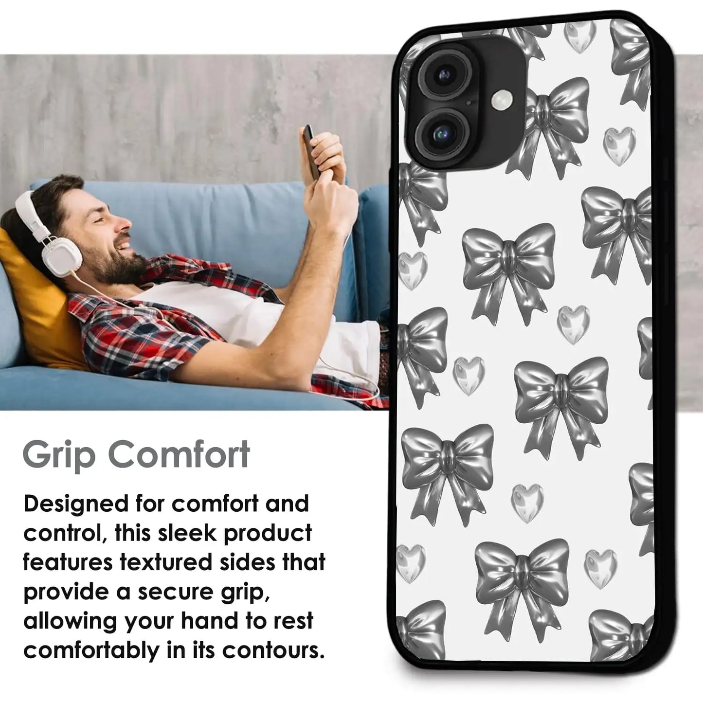 'Black Bows & Hearts - Glossy Metal Silicone Case For Apple iPhone Infographic