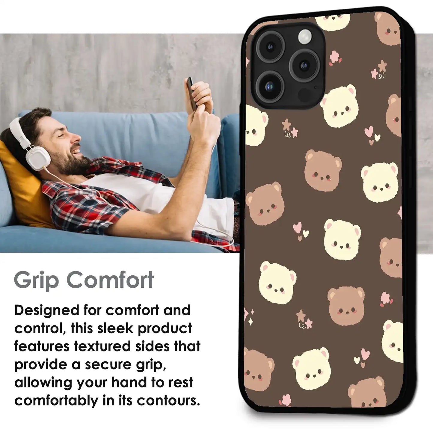 Cozy Bear Pattern - Glossy Metal Silicone Case For Apple iPhone Infographic