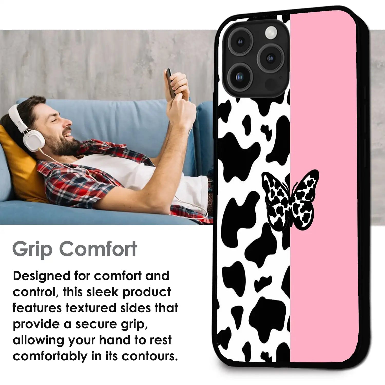Cow Print Butterfly - Glossy Metal Silicone Case For Apple iPhone Infographic