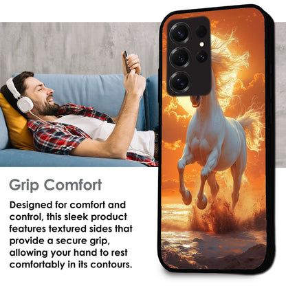 Majestic White Horse Sunset - Glossy Metal Silicone Cases for Samsung Models