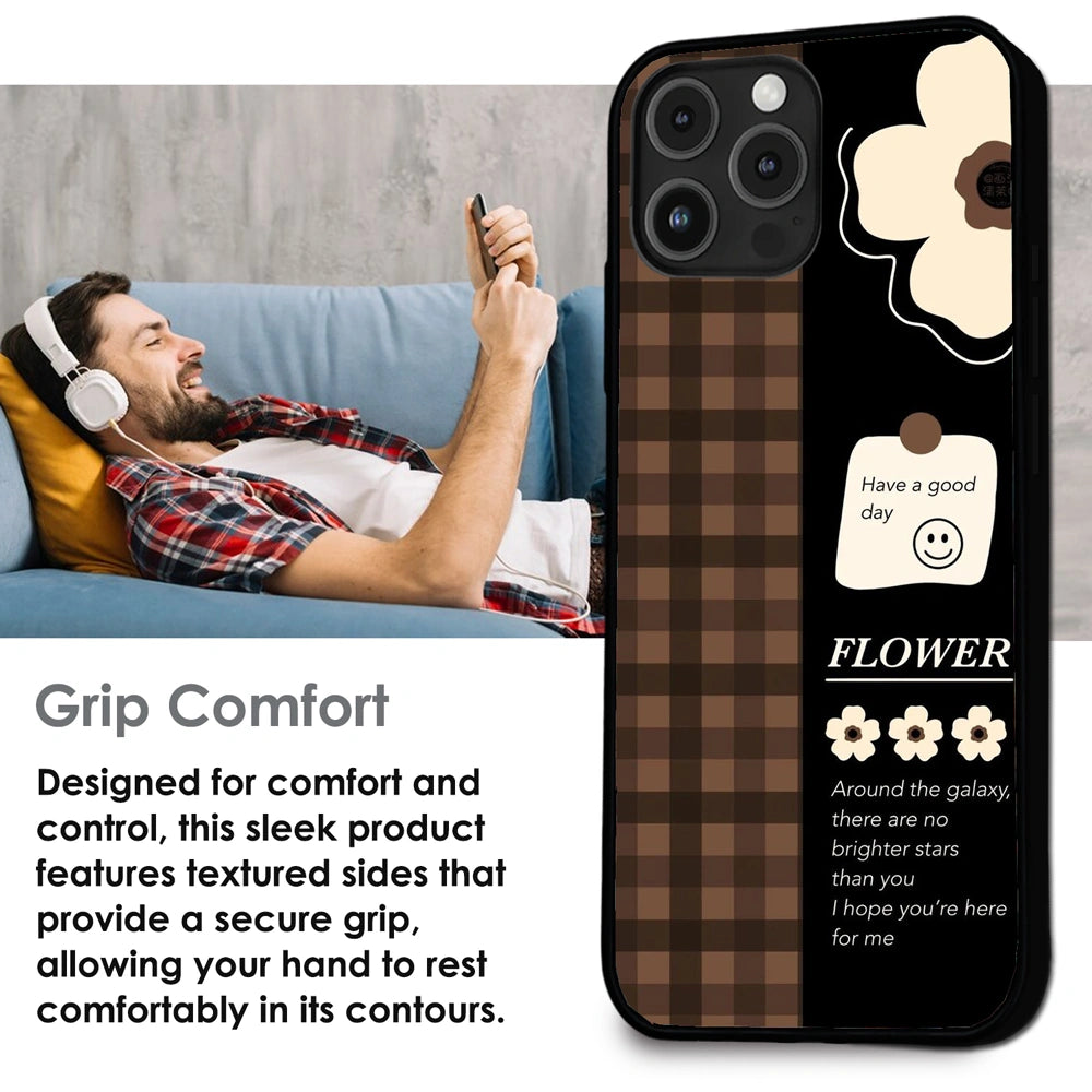 Brown Checkered Flower Quote - Glossy Metal Silicone Case For Apple iPhone Infographic