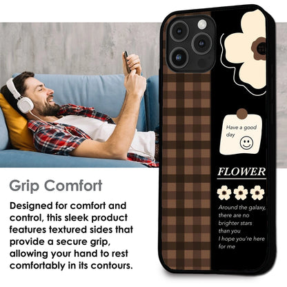 Brown Checkered Flower Quote - Glossy Metal Silicone Case For Apple iPhone Infographic
