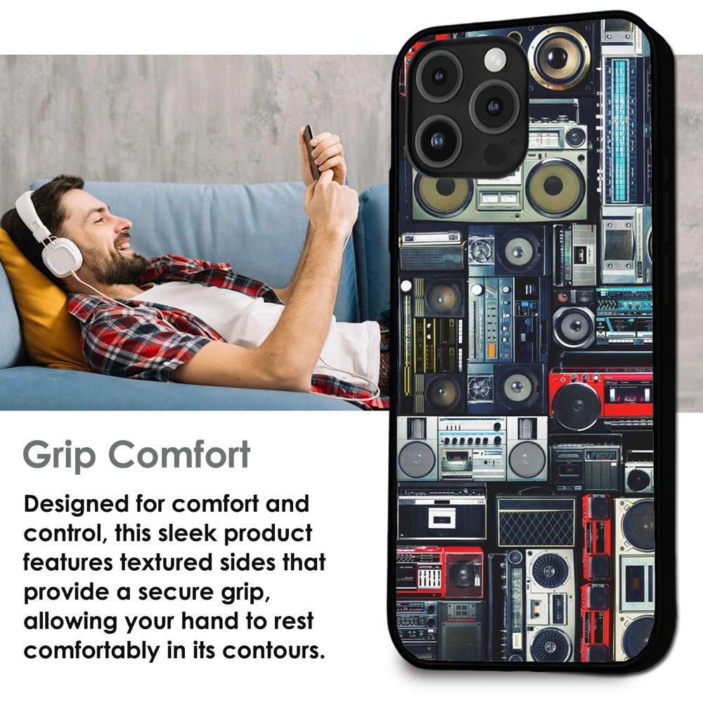 Retro Boombox Music Pattern - Glossy Metal Silicone Case For Apple iPhone Infographic