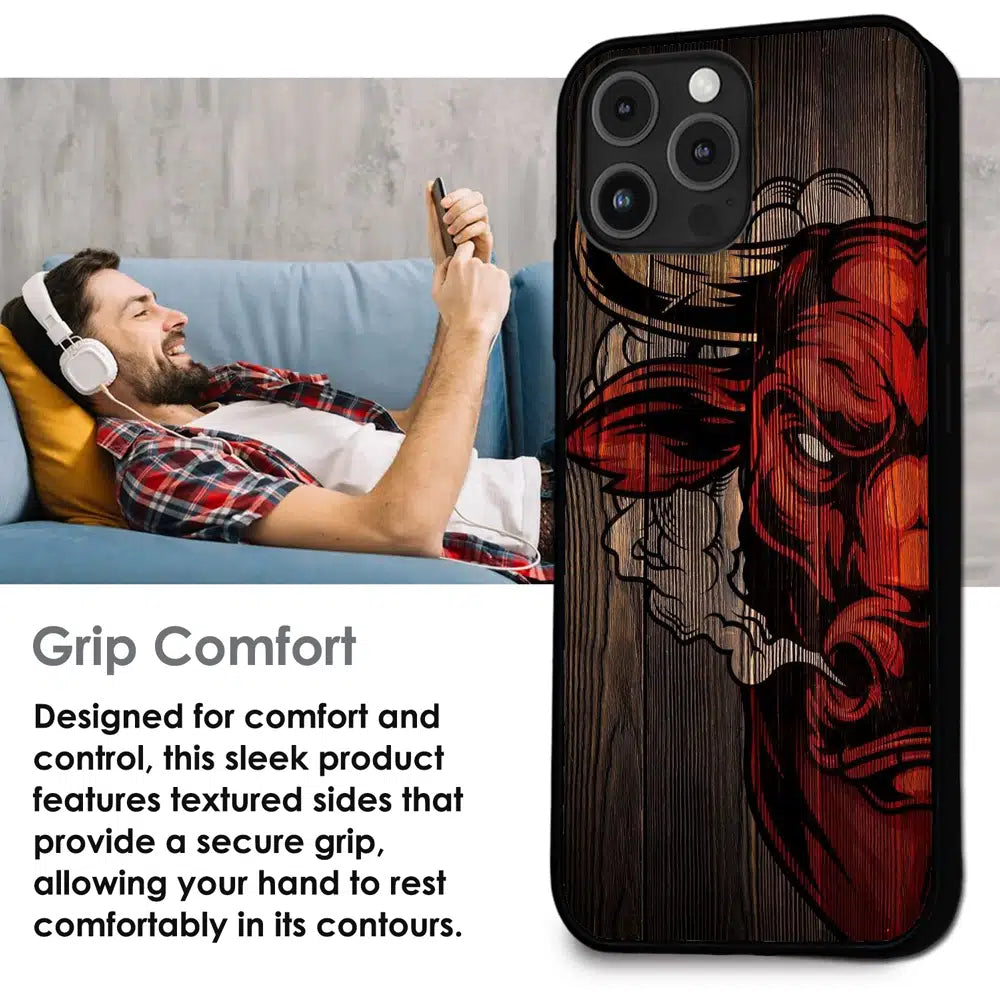 Abstract Red Mask Wood Art - Glossy Metal Silicone Case For Apple iPhone Infographic