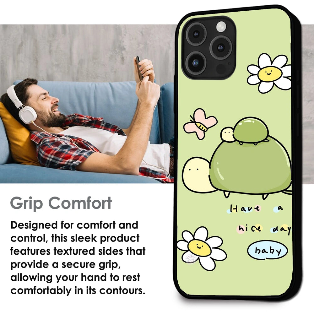 'Cute Turtle & Daisy “Have a Nice Day” - Glossy Metal Silicone Case For Apple iPhone Infographic