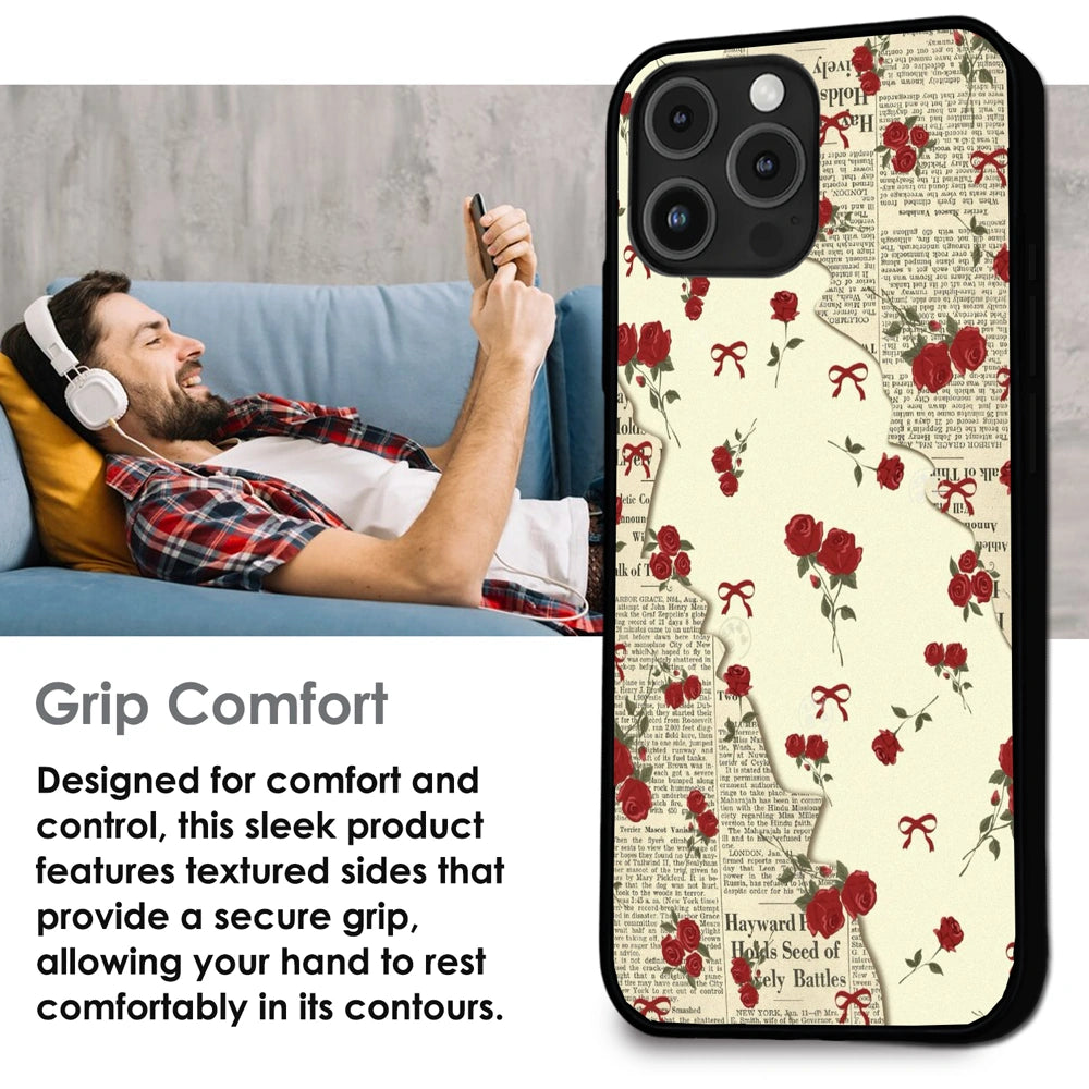 Floral Newspaper Aesthetic - Glossy Metal Silicone Case For Apple iPhone Infographic