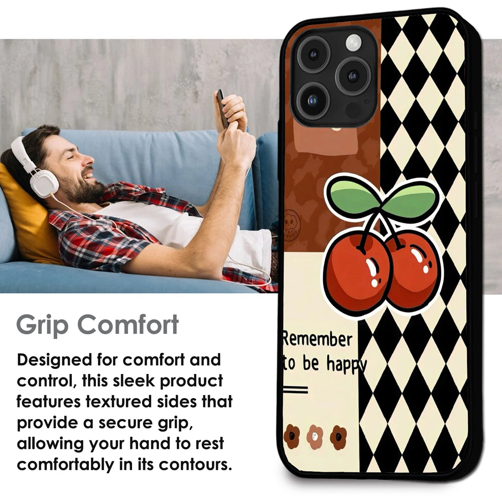 'Cherry “Remember to Be Happy” - Glossy Metal Silicone Case For Apple iPhone Infographic
