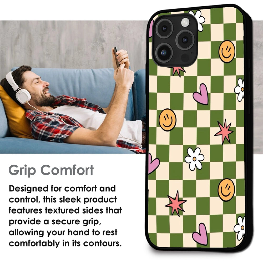 Checkerboard Smile Daisy Heart - Glossy Metal Silicone Case For Apple iPhone Infographic