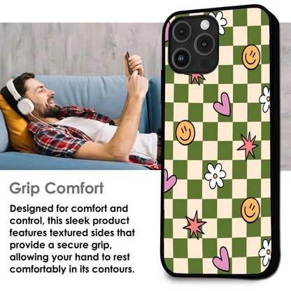 Checkerboard Smile Daisy Heart - Glossy Metal Silicone Case For Apple iPhone Infographic
