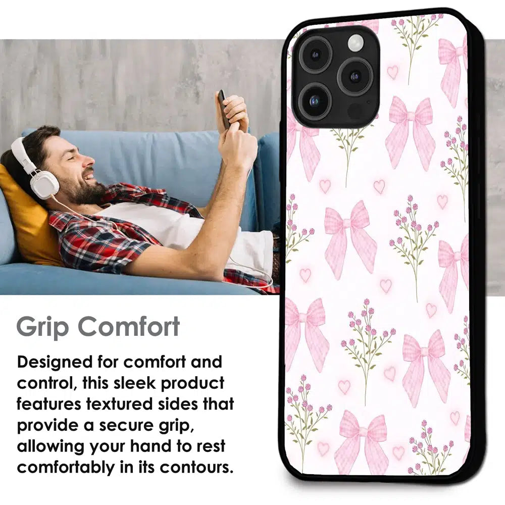 Pink Bow Floral Pattern - Glossy Metal Silicone Case For Apple iPhone Infographic