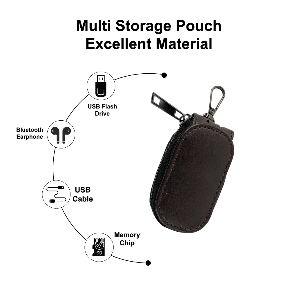 Black Leather Zipper Pouch with Keychain Hook for Earphones, Keys & Small Accessories Infographic