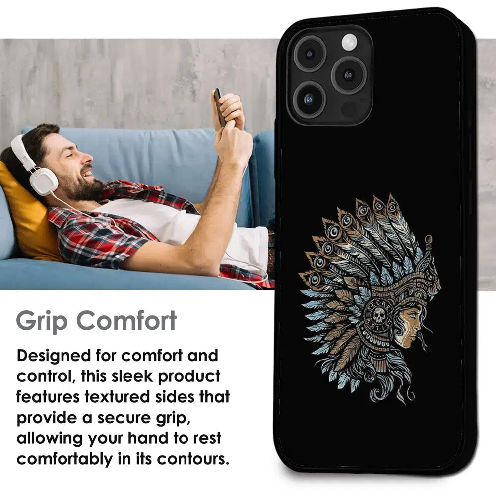 Tribal Warrior Feather Headdress - Glossy Metal Silicone Case For Apple iPhone Infographic
