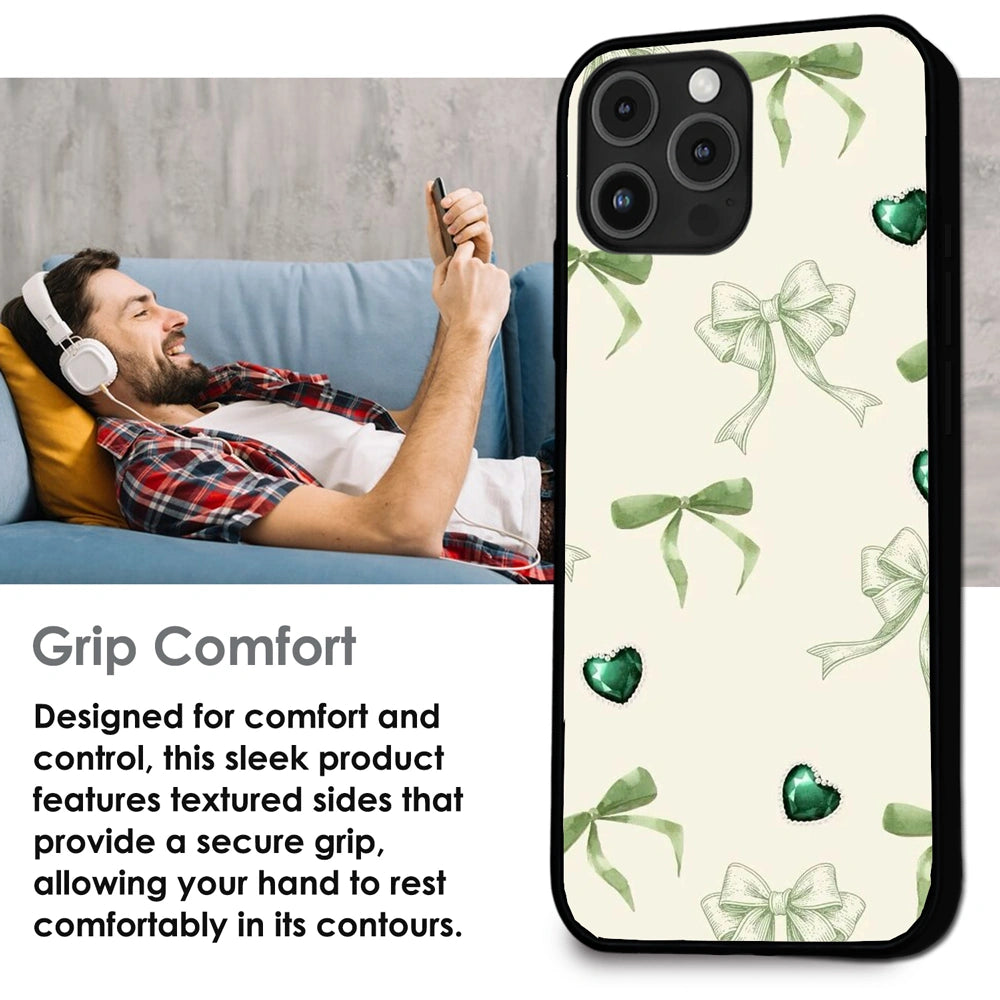Elegant Green Bow & Heart Pattern - Glossy Metal Silicone Case For Apple iPhone Infographic