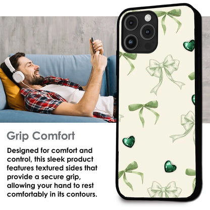 Elegant Green Bow & Heart Pattern - Glossy Metal Silicone Case For Apple iPhone Infographic