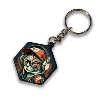 Cat DJ - Keychain HEXAGON