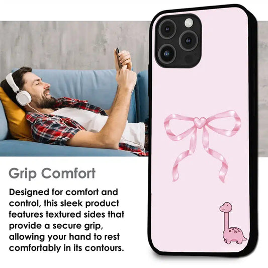 Cute Pink Dino Bow - Glossy Metal Silicone Case For Apple iPhone Infographic