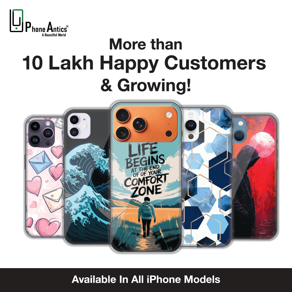 Printed silicone phone case collection showing anti-slip grip, precise cutouts, secure fit and durable protection features for Apple iPhone.
