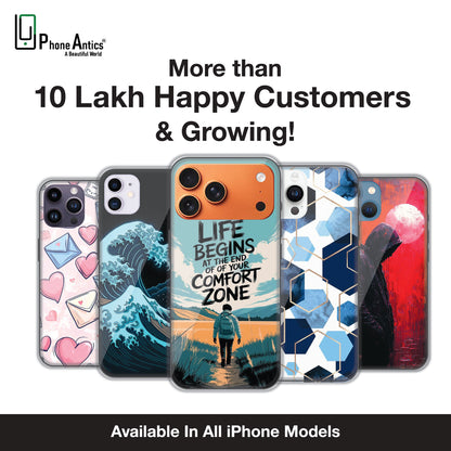 Printed silicone phone case collection showing anti-slip grip, precise cutouts, secure fit and durable protection features for Apple iPhone.