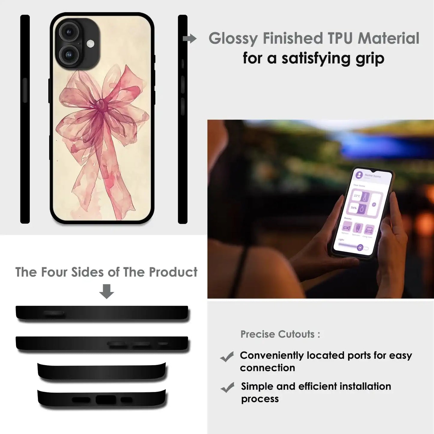 'Pretty Pink Bow - Glossy Metal Silicone Case For Apple iPhone Infographic