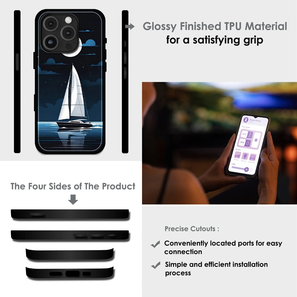 Moonlight Sailboat - Glossy Metal Silicone Case For Apple iPhone Infographic