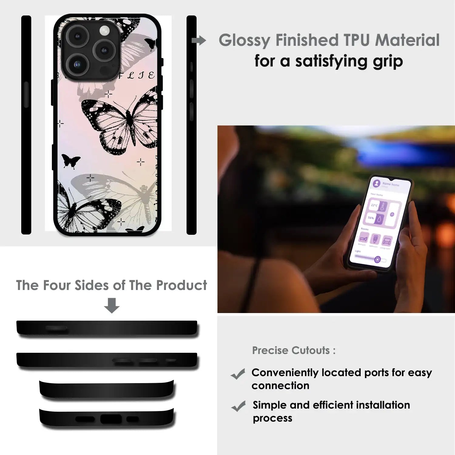 Monochrome Butterfly Art - Glossy Metal Silicone Case For Apple iPhone Infographic