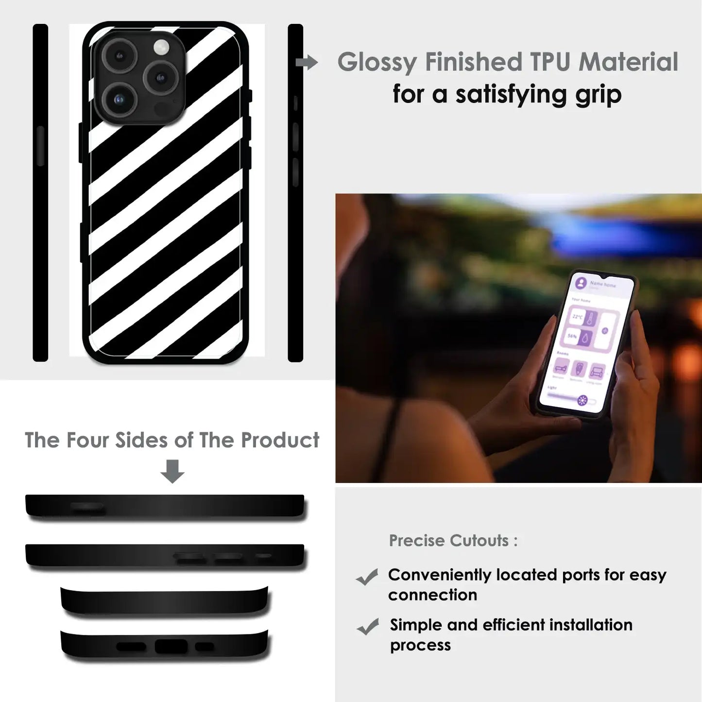 Monochrome Diagonal Stripe - Glossy Metal Silicone Case For Apple iPhone Infographic