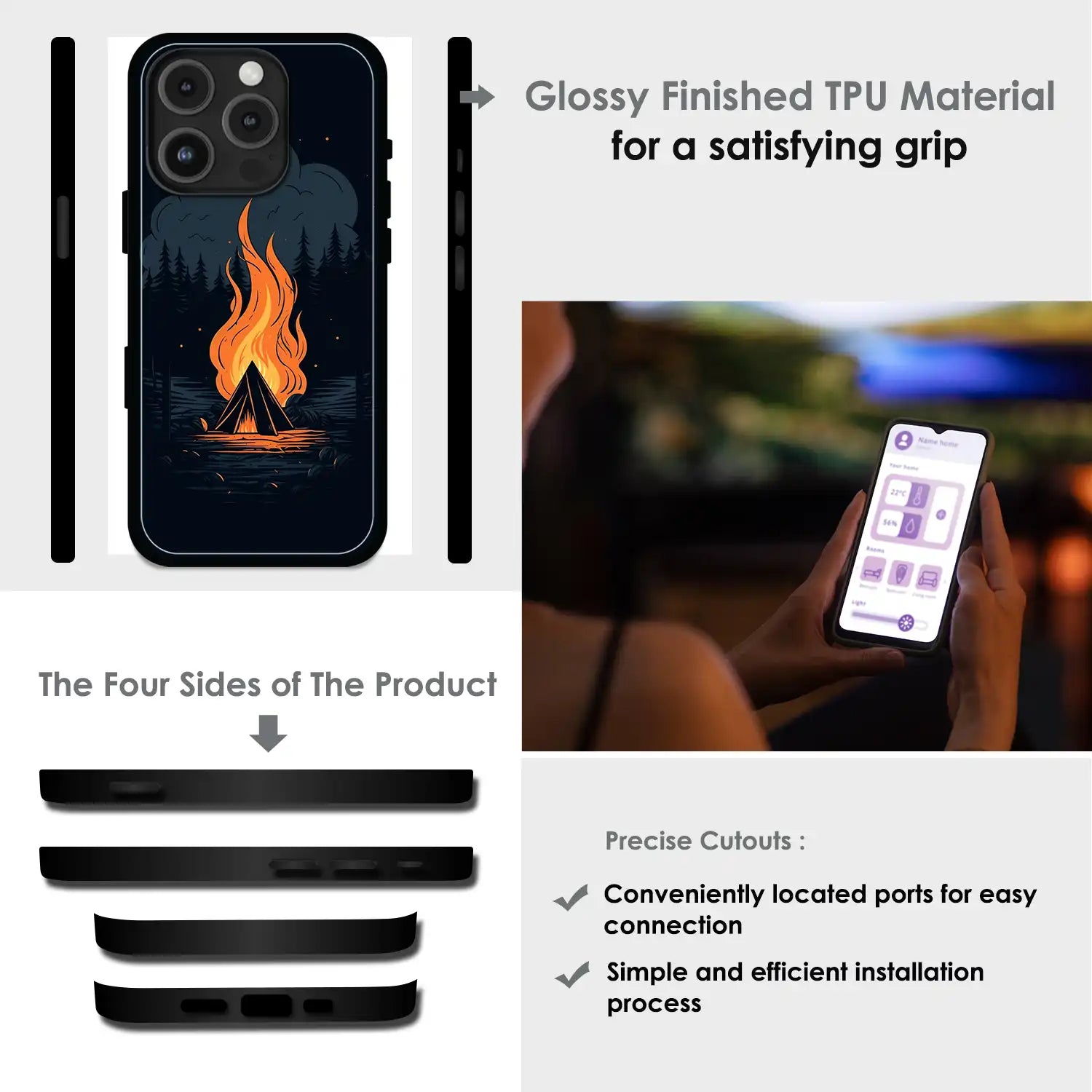 Midnight Campfire Adventure - Glossy Metal Silicone Case For Apple iPhone Infographic