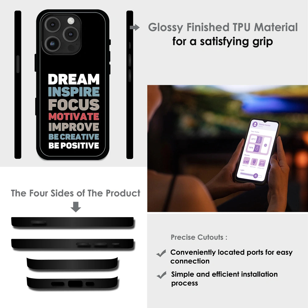 Dream Inspire Focus Typography - Glossy Metal Silicone Case For Apple iPhone Infographic