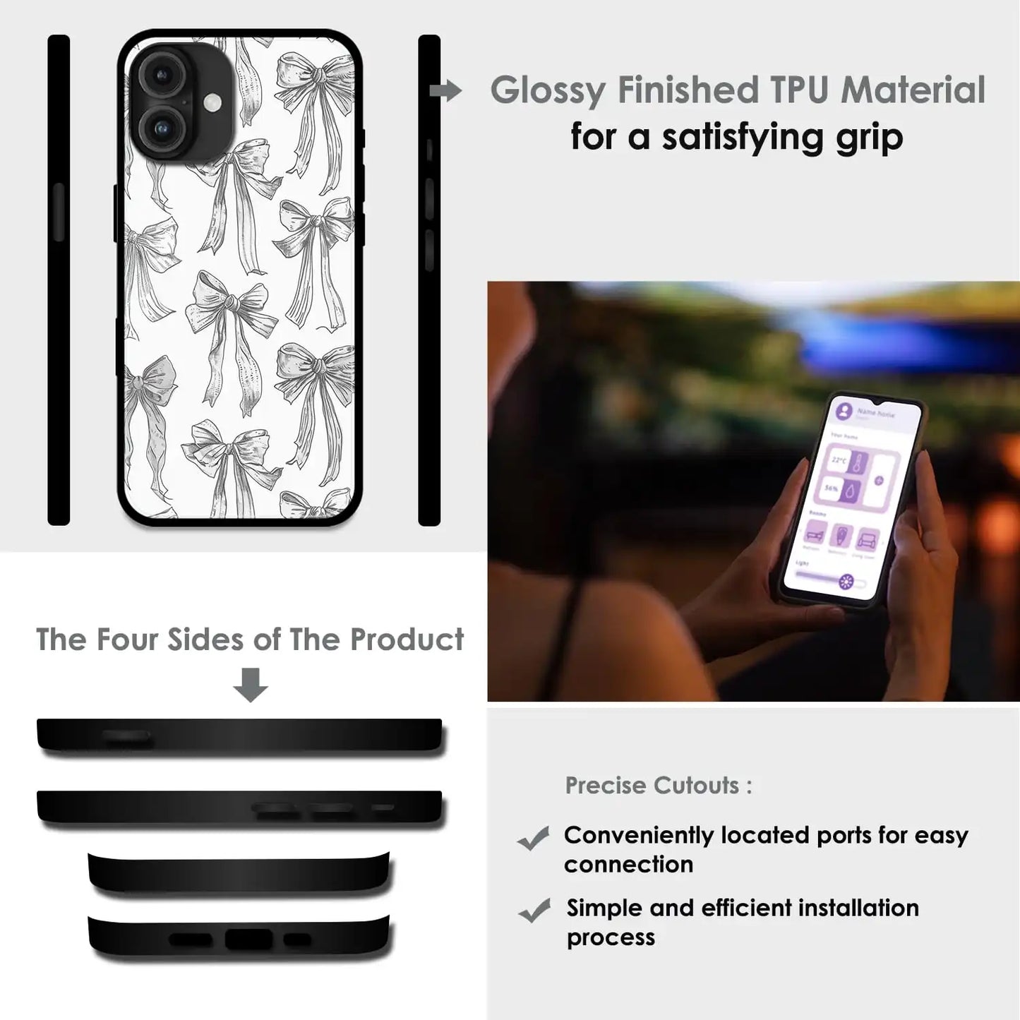 White Bows - Glossy Metal Silicone Case For Apple iPhone Models