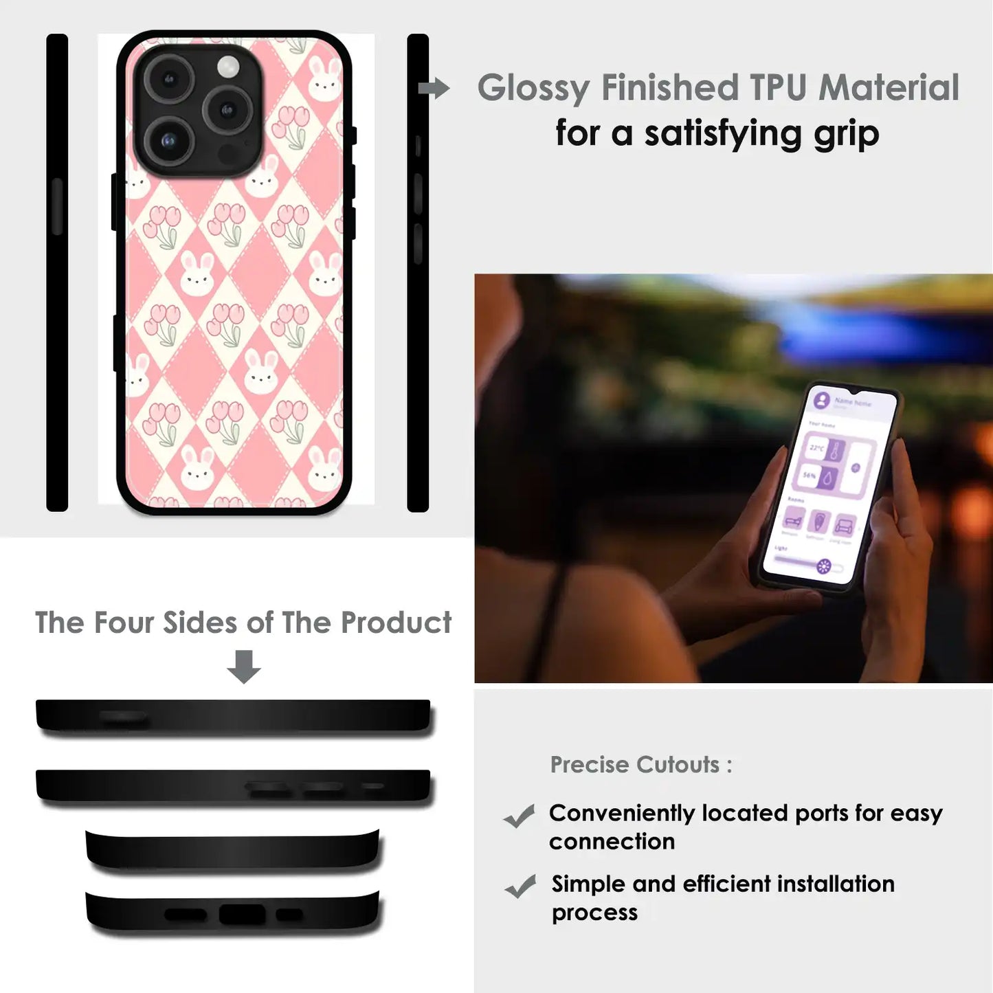 Pink Bunny Argyle - Glossy Metal Silicone Case For Apple iPhone Infographic