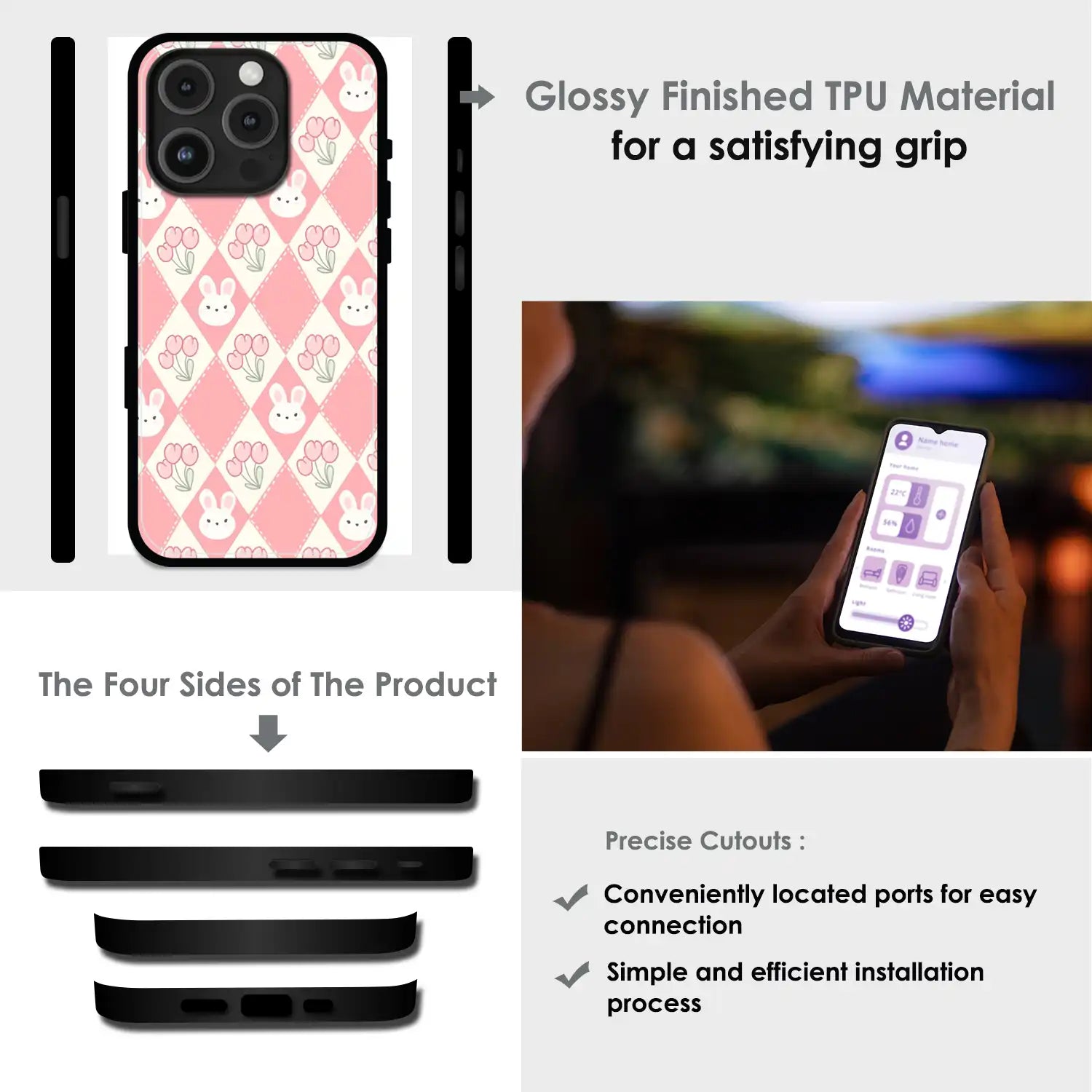Pink Bunny Argyle - Glossy Metal Silicone Case For Apple iPhone Infographic