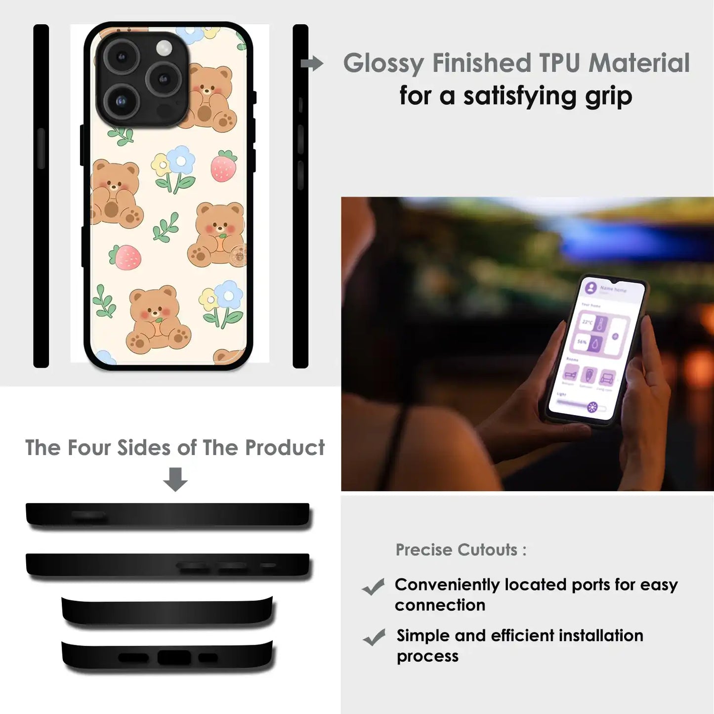 Cute Teddy Garden - Glossy Metal Silicone Case For Apple iPhone Infographic