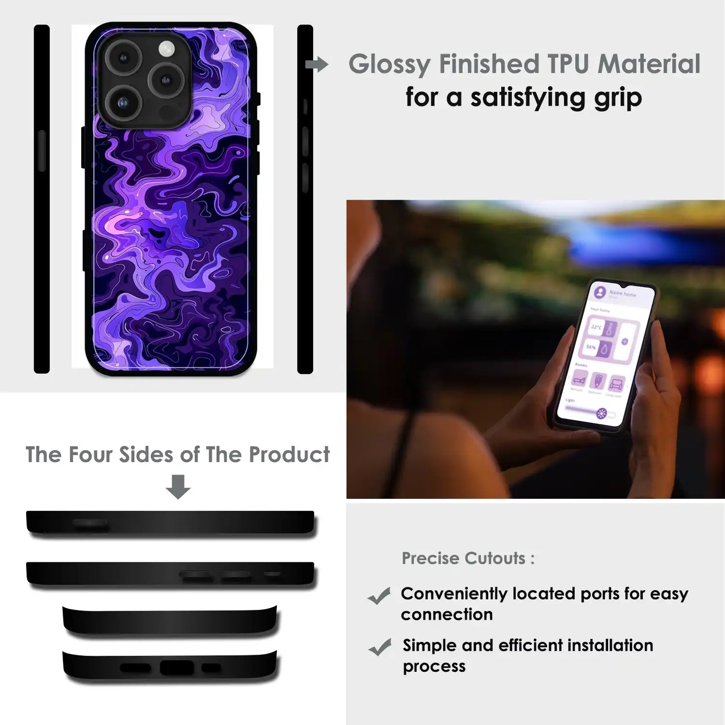 Purple Wave Abstract - Glossy Metal Silicone Case For Apple iPhone Infographic