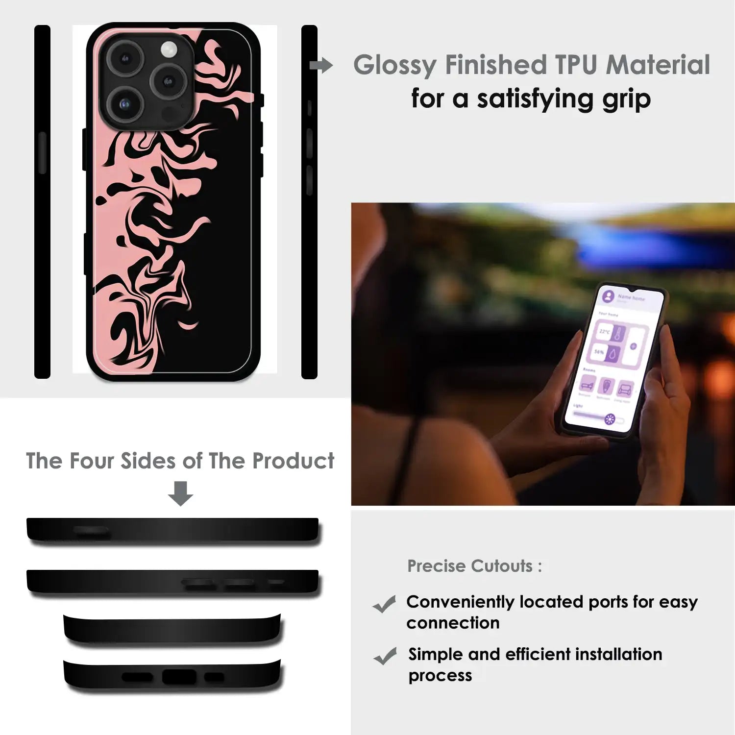 Blush Noir Marble - Glossy Metal Silicone Case For Apple iPhone Infographic