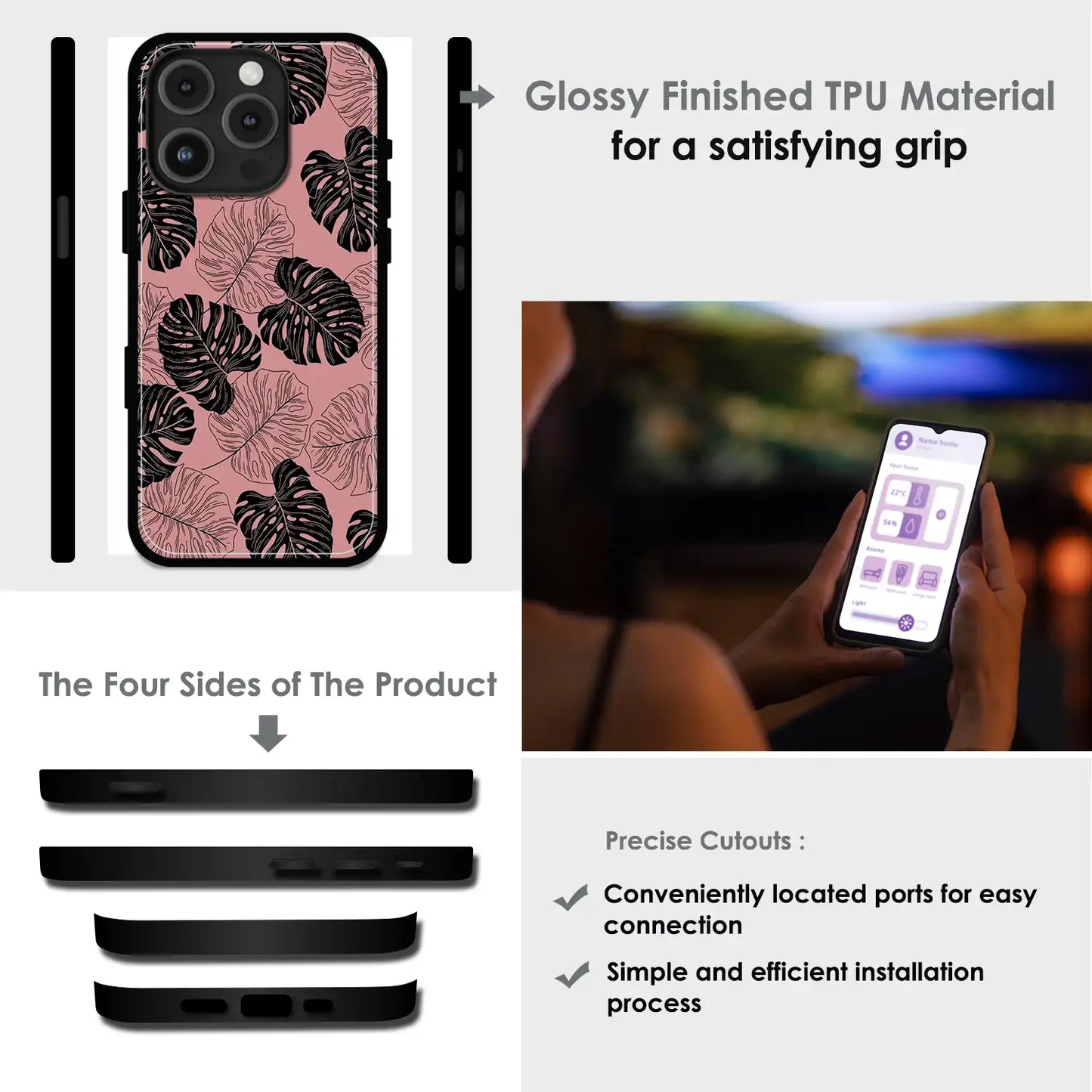 Tropical Monstera Leaf Pattern - Glossy Metal Silicone Case For Apple iPhone Infographic