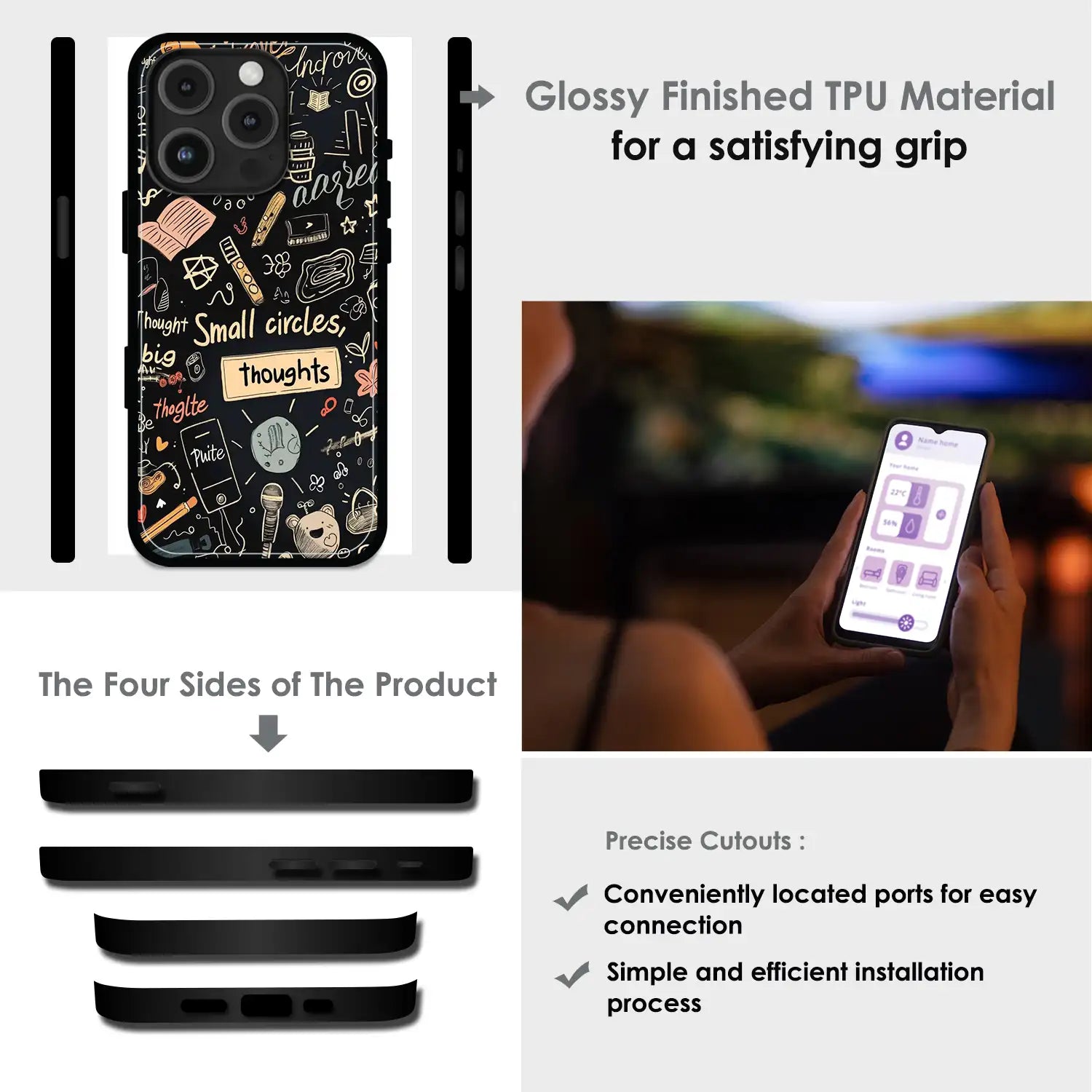 Thought Doodle Noir - Glossy Metal Silicone Case For Apple iPhone Infographic