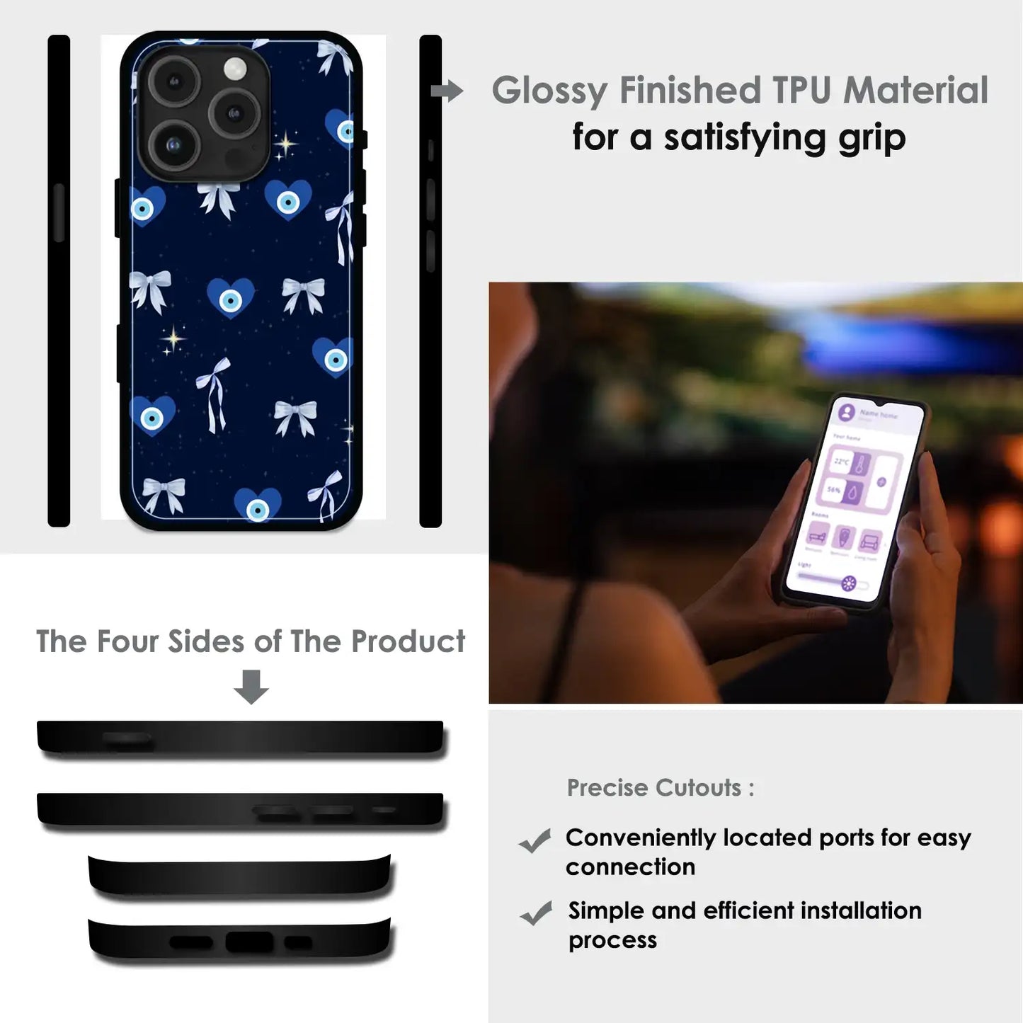 Evil Eye Bow Midnight - Glossy Metal Silicone Case For Apple iPhone Infographic