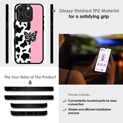 Cow Print Butterfly - Glossy Metal Silicone Case For Apple iPhone Infographic