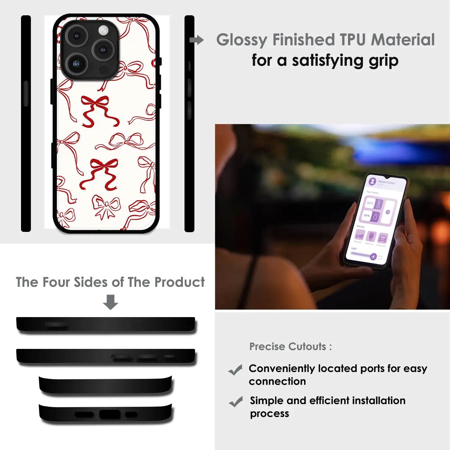 Cherry Bow Minimal - Glossy Metal Silicone Case For Apple iPhone Infographic
