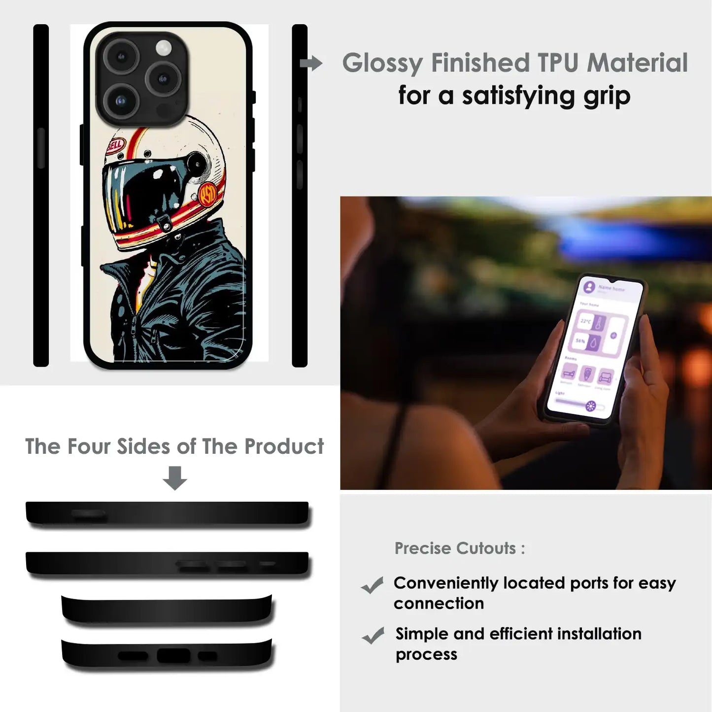 Retro Racer Helmet - Glossy Metal Silicone Case For Apple iPhone Infographic