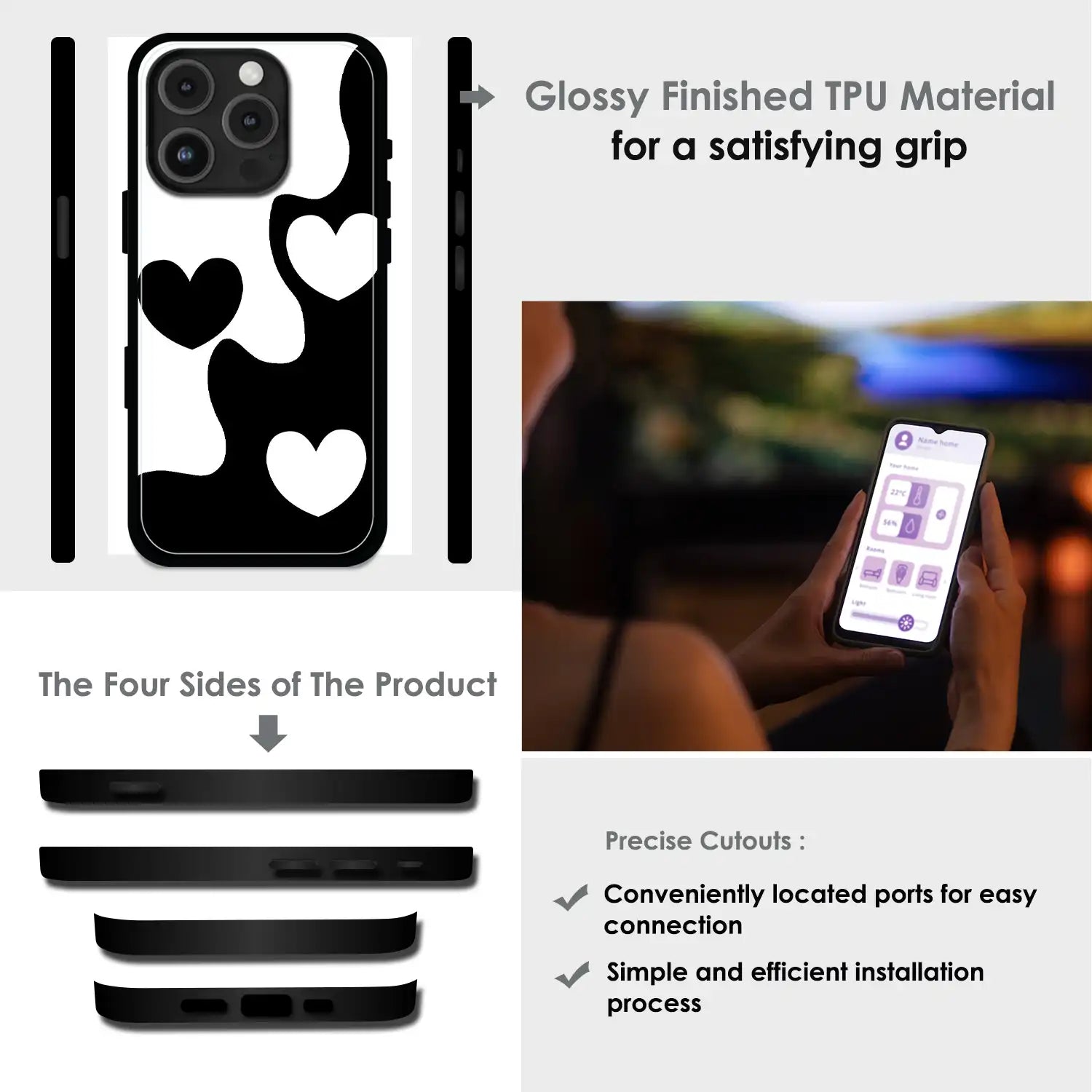 Monochrome Heart Flow - Glossy Metal Silicone Case For Apple iPhone Infographic