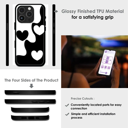 Monochrome Heart Flow - Glossy Metal Silicone Case For Apple iPhone Infographic