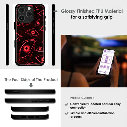 Crimson Eyes Chaos - Glossy Metal Silicone Case For Apple iPhone Infographic