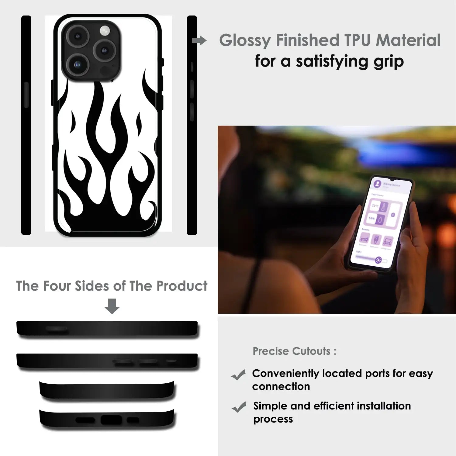 Monochrome Flame Art - Glossy Metal Silicone Case For Apple iPhone Infographic
