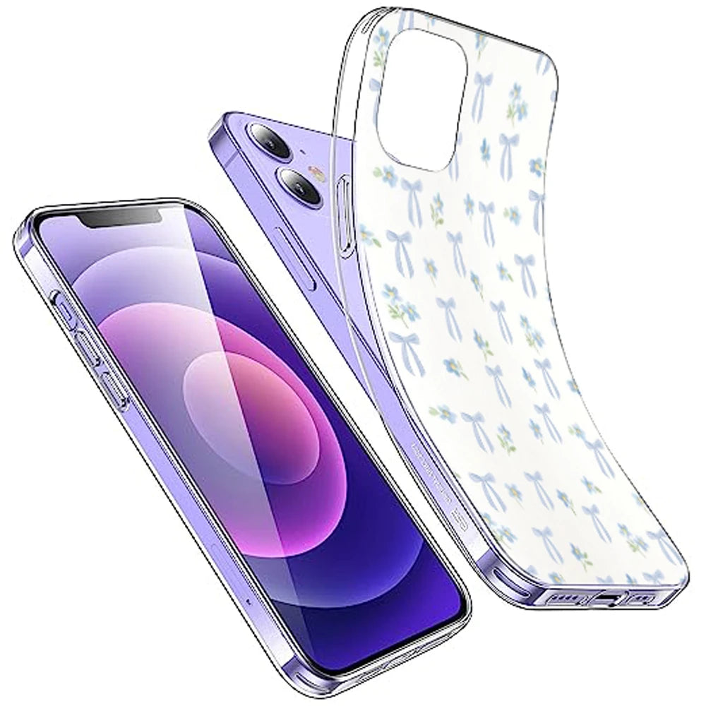 Soft Blue Bow Floral - Printed Silicone Case For Apple iPhone Infographic