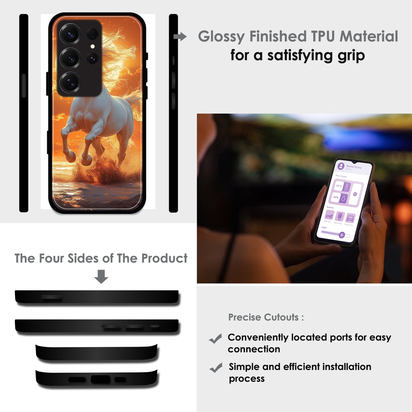 Majestic White Horse Sunset - Glossy Metal Silicone Cases for Samsung Models